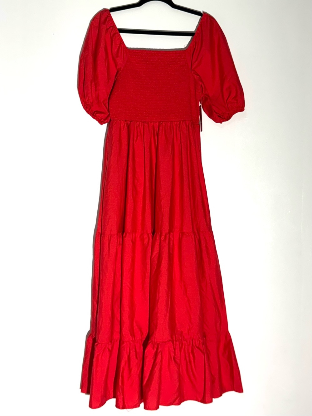 NEW Lark + Grey Red Smocked Puff Sleeve Tiered Midi Dress Size Large